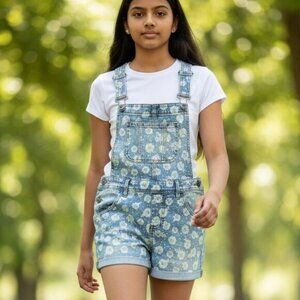 Cherokee White Daisy Flower Blue Denim Print Shortalls Overalls Girls Sz X-Large